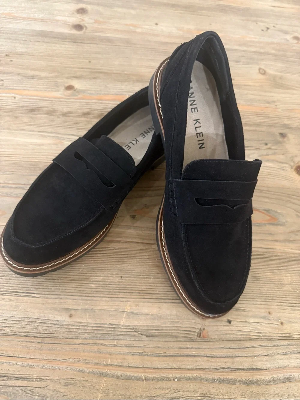 Anne Klein Everly Penny Loafers, Black Suede, Size 6.5, EUC